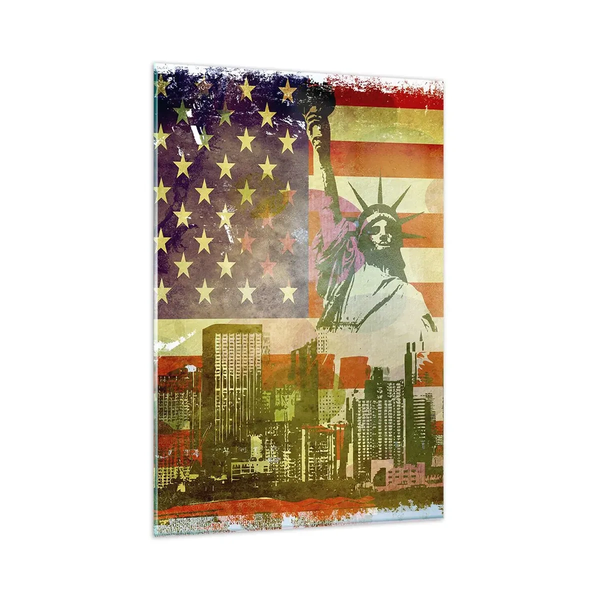 Obraz na szkle - Statua Wolności na tle amerykańskiej flagi i panoramy miasta - 80x120cm - Viva America! - Nowoczesna dekoracja ścienna do salonu i sypialni ARTTOR