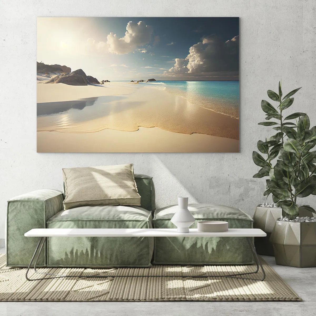 Obraz na szkle - Złocista plaża i turkusowe morze w świetle porannego słońca - 70x50cm - Wymarzony dzień - Nowoczesna dekoracja ścienna do salonu i sypialni ARTTOR