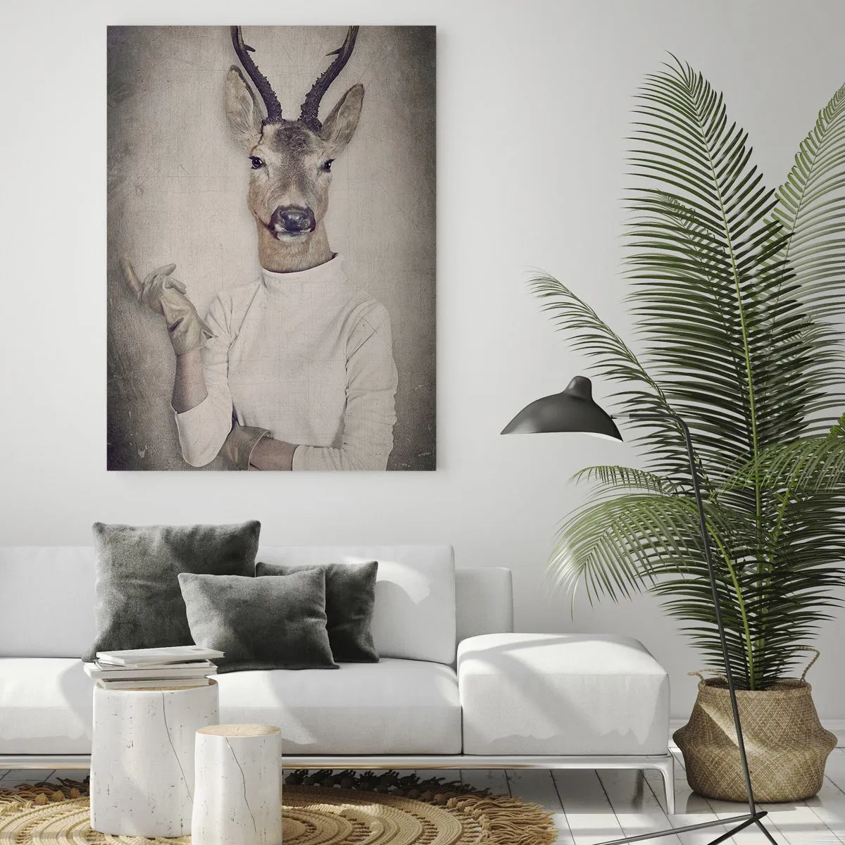 Obraz na szkle - Trzy zwierzęce postacie w ludzkich ubraniach na neutralnym tle - 50x70cm - Niech przemówią gesty - Nowoczesna dekoracja ścienna do salonu, kuchni i sypialni ARTTOR