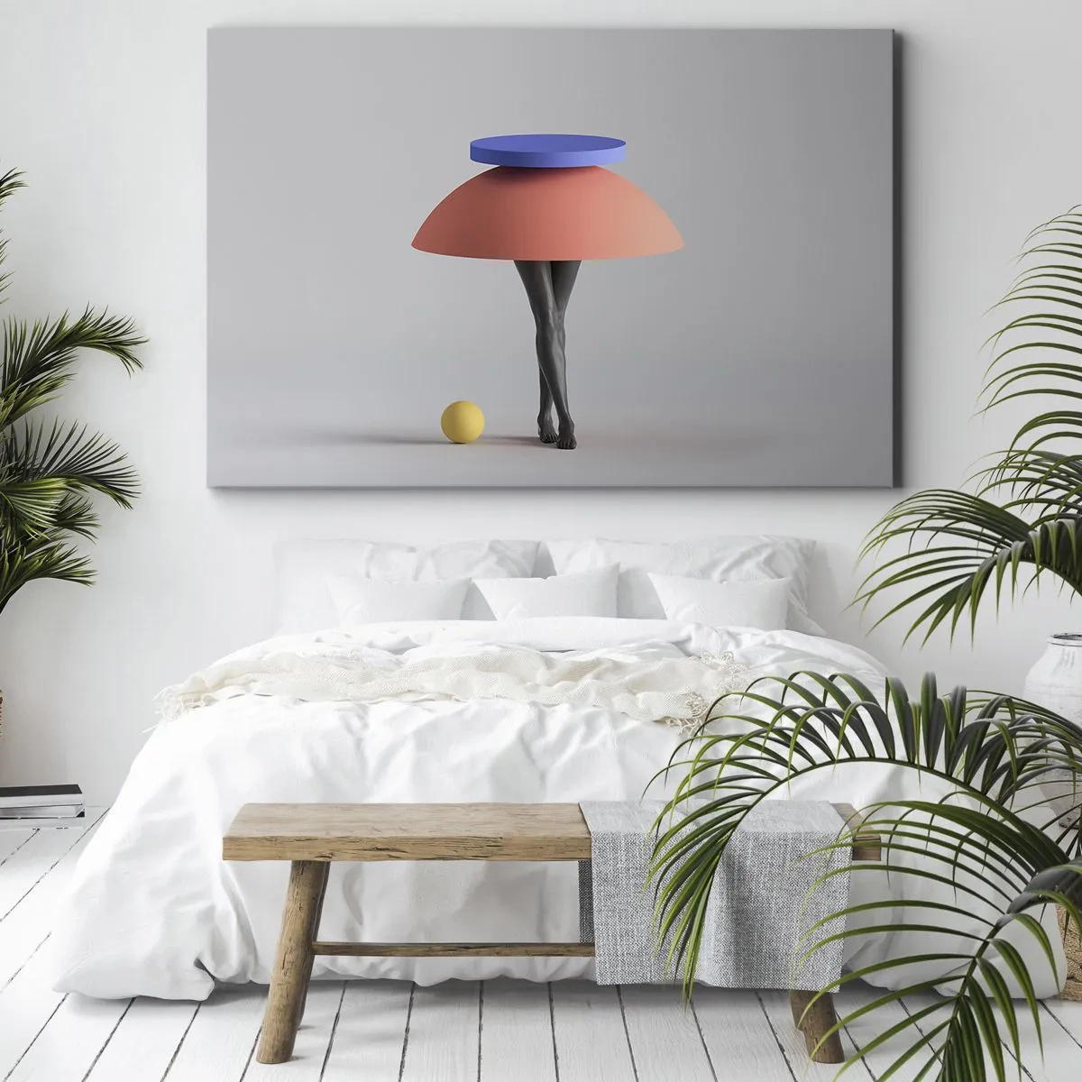 Obraz na płótnie - Abstrakcyjna kompozycja geometryczna z nogami i kulą - 70x50cm - Kompozycja surrealistyczna - Nowoczesna dekoracja ścienna do salonu i sypialni ARTTOR