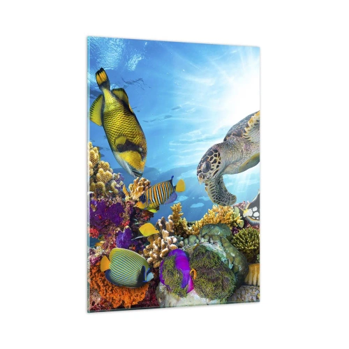 Obraz na szkle - Podwodna scena z żółwiem, rybami i koralami - 50x70cm - Koralowa promenada - Nowoczesna dekoracja ścienna do salonu, kuchni i sypialni ARTTOR