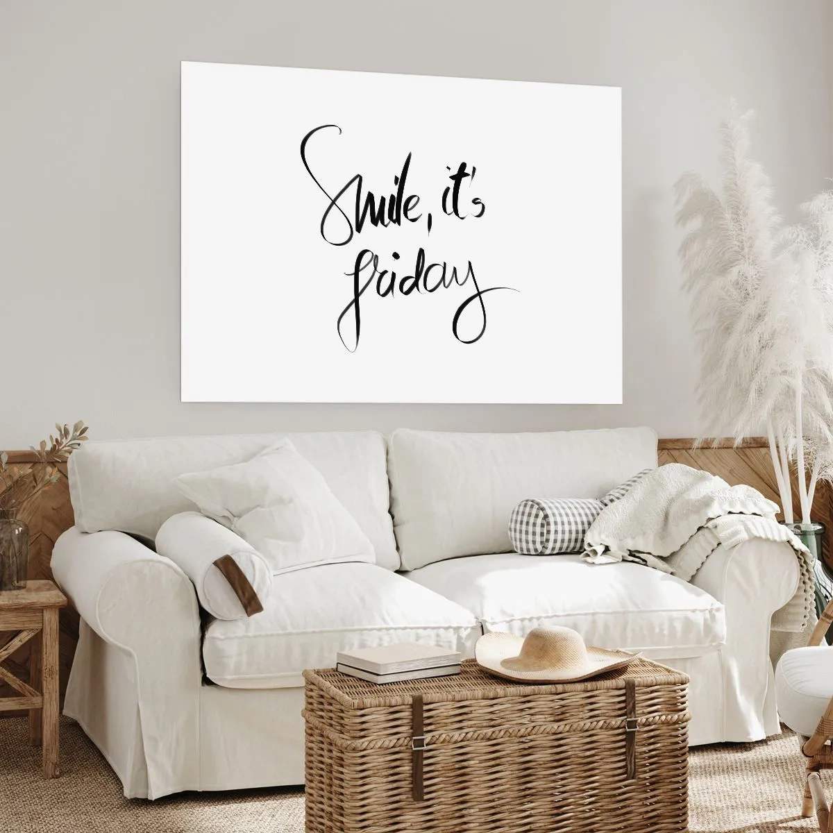Plakat - Czarno-biały napis Smile, it's Friday - 100x70cm - Prawdziwa radość - Nowoczesna dekoracja ścienna do salonu i sypialni ARTTOR