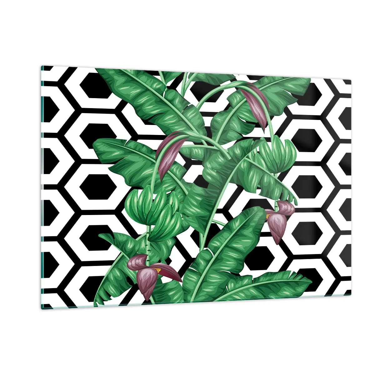 Obraz na szkle - Tropikalne liście i kwiaty na tle czarno-białych wzorów geometrycznych - 120x80cm - Kompozycja symetryczna z natury - Nowoczesna dekoracja ścienna do salonu, kuchni i sypialni ARTTOR