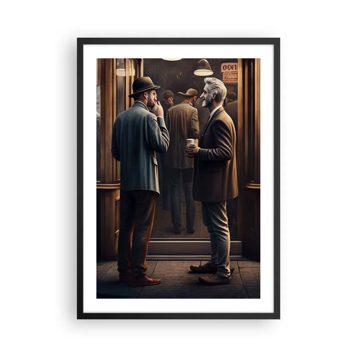 Plakat w czarnej ramie - Rozmowa dwóch eleganckich mężczyzn przed kawiarnią - 50x70cm - Dobra chwila dnia - Nowoczesna dekoracja ścienna do salonu i sypialni ARTTOR