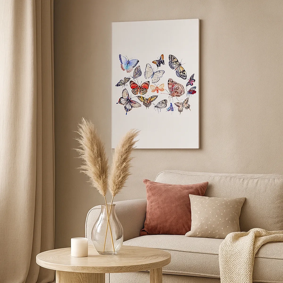 Obraz na płótnie - Kolorowe motyle na białym tle - 50x70cm - Koronkowy, barwny rój - Nowoczesna dekoracja ścienna do salonu, kuchni i sypialni ARTTOR