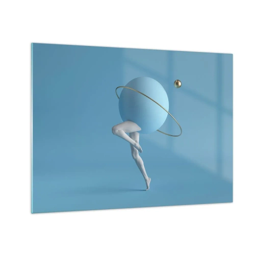 Obraz na szkle - Minimalistyczna kompozycja planety z ludzkimi nogami na błękicie - 70x50cm - A planety szaleją - Nowoczesna dekoracja ścienna do salonu i sypialni ARTTOR