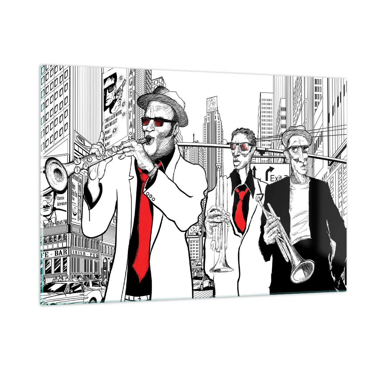 Obraz na szkle - Jazzowy zespół uliczny w nowoczesnym stylu graficznym - 120x80cm - Miejska rapsodia w czerni i czerwieni - Nowoczesna dekoracja ścienna do salonu, kuchni i sypialni ARTTOR