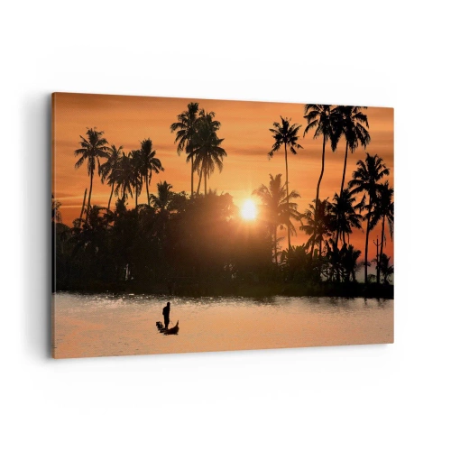 Obraz na płótnie - Zachód słońca nad palmami i spokojnym jeziorem z łódką - 120x80cm - Czas na odpoczynek - Nowoczesna dekoracja ścienna do salonu, kuchni i sypialni ARTTOR