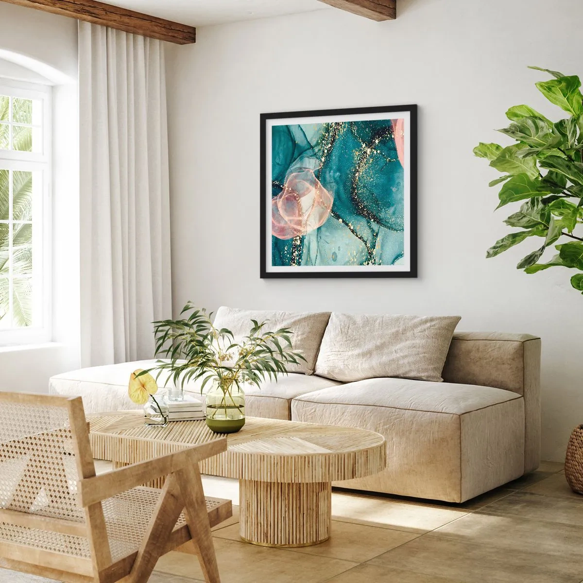 Plakat w czarnej ramie - Jedwabny błękit, tiulowy róż - 40x40 cm