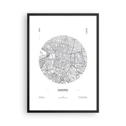 Plakat w czarnej ramie - Minimalistyczna mapa Madrytu w czarno-białej tonacji - 50x70cm - Anatomia Madrytu - Nowoczesna dekoracja ścienna do salonu i sypialni ARTTOR