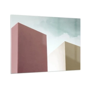 Obraz na szkle - Geometryczne budynki w pastelowych kolorach - 70x50cm - Geometria słonecznego lata - Nowoczesna dekoracja ścienna do salonu i sypialni ARTTOR