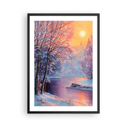 Plakat w czarnej ramie - Zimowy krajobraz z rzeką w blasku zachodzącego słońca - 50x70cm - Barwy zimy - Nowoczesna dekoracja ścienna do salonu i sypialni ARTTOR