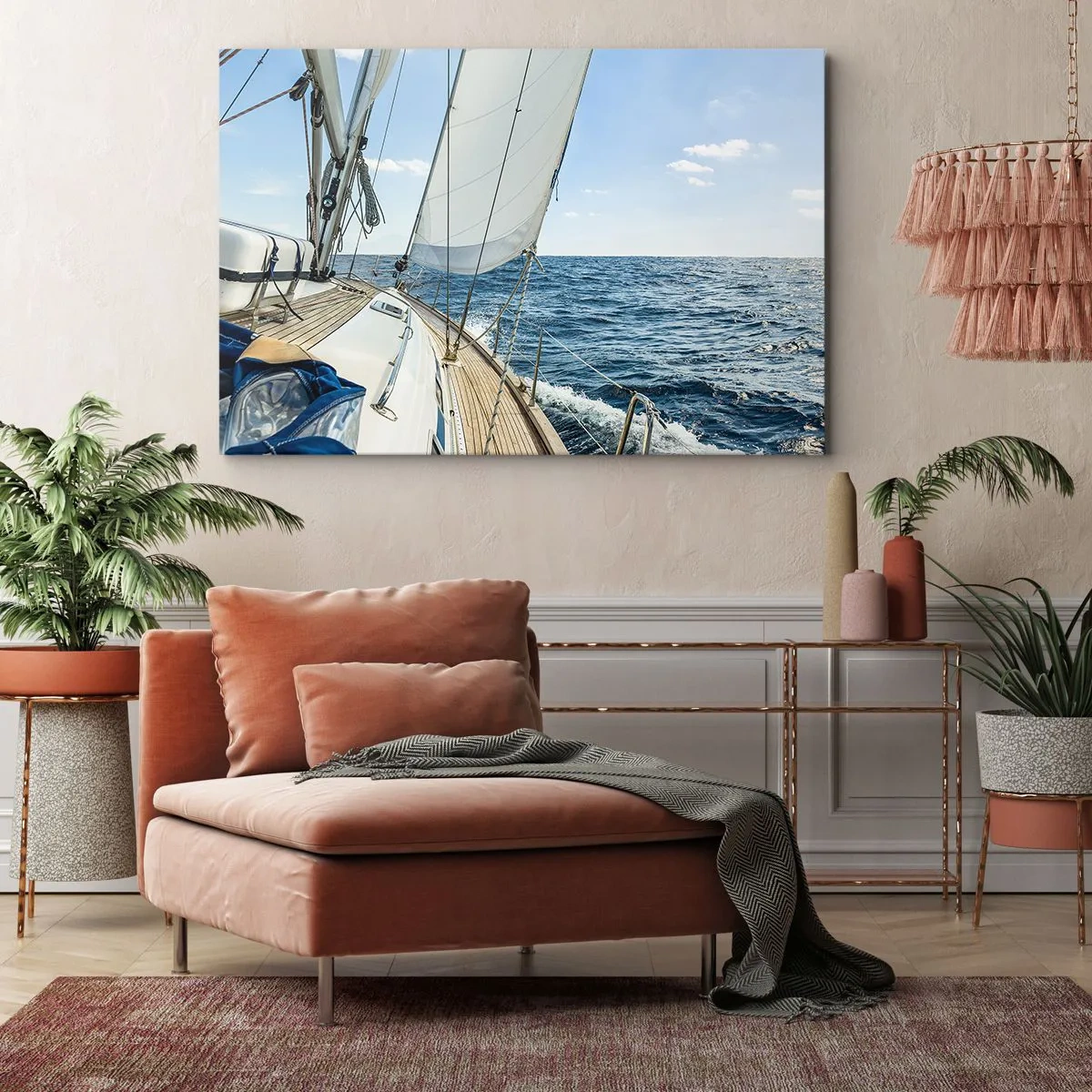 Obraz na płótnie - Żaglówka na spokojnym morzu pod błękitnym niebem - 70x50cm - Ahoj, przygodo - Nowoczesna dekoracja ścienna do salonu i sypialni ARTTOR