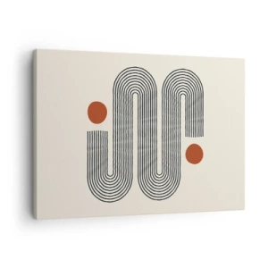 Obraz na płótnie - Geometryczny wzór z liniami i pomarańczowymi okręgami - 70x50cm - Od początku do końca - Nowoczesna dekoracja ścienna do salonu i sypialni ARTTOR