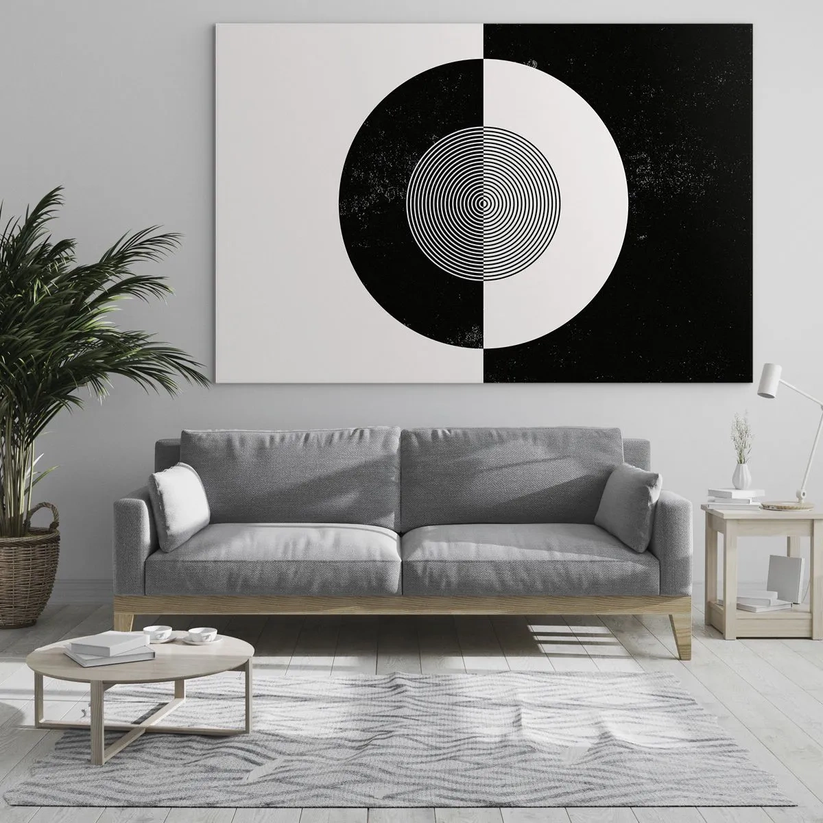 Obraz na szkle - Geometryczny wzór czarno-białej symetrii - 70x50cm - Harmonia w czerni i bieli - Nowoczesna dekoracja ścienna do salonu i sypialni ARTTOR