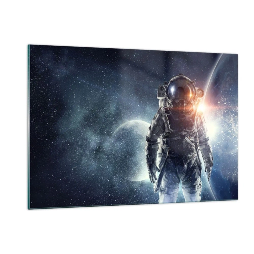 Obraz na szkle - Astronauta na tle planet i gwiazd - 120x80cm - Kosmiczna przygoda - Nowoczesna dekoracja ścienna do salonu, kuchni i sypialni ARTTOR