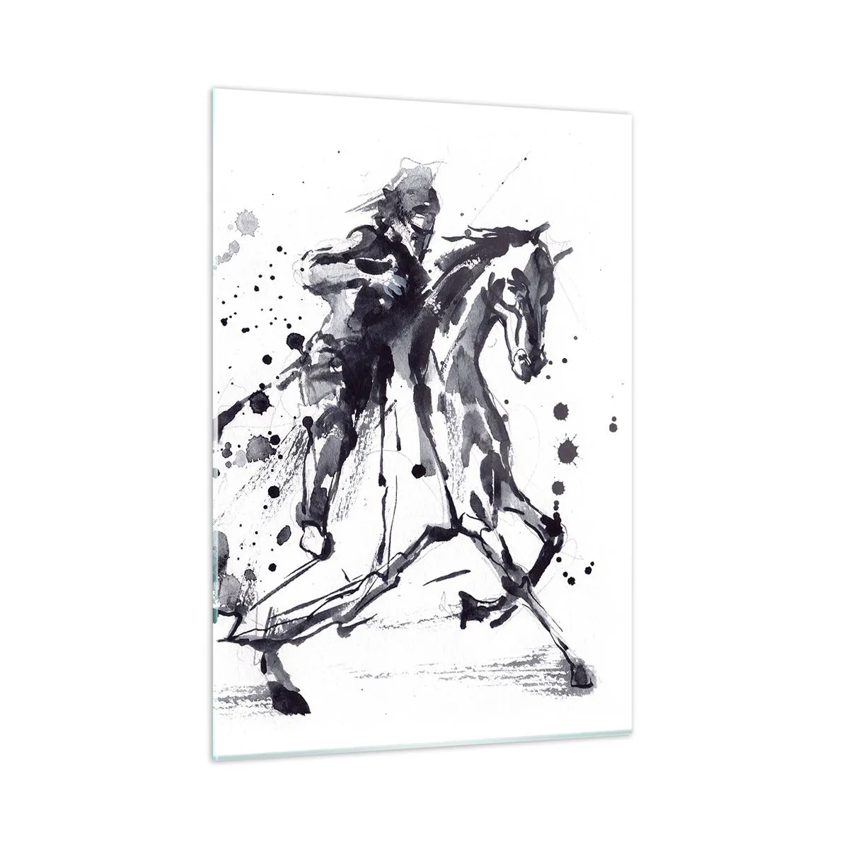 Obraz na szkle - Czarno-biały obraz jeźdźca na koniu w stylu abstrakcyjnym - 50x70cm - Czarny rycerz - Nowoczesna dekoracja ścienna do salonu, kuchni i sypialni ARTTOR