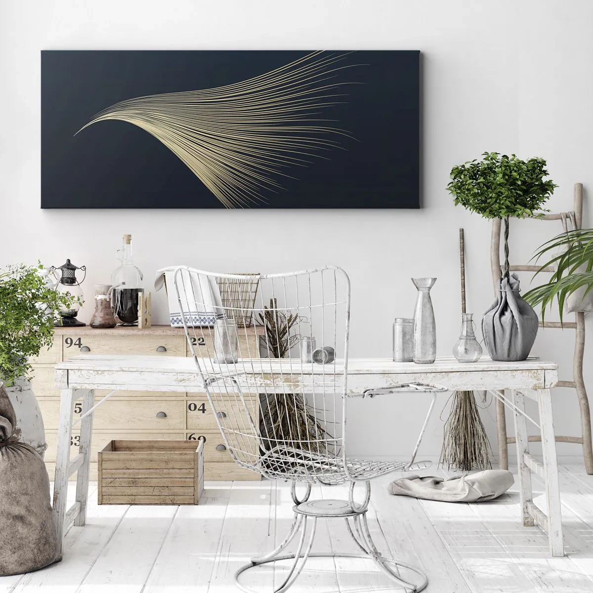Obraz na płótnie - Delikatna linia przypominająca pióro na granatowym tle - 160x50cm - Jak anioła włos - Nowoczesna dekoracja ścienna do salonu i sypialni ARTTOR