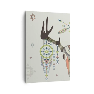 Obraz na płótnie - Boho dekoracja z czaszką jelenia i łapaczami snów - 70x100cm - Trofeum indiańskiego łowcy - Nowoczesna dekoracja ścienna do salonu i sypialni ARTTOR