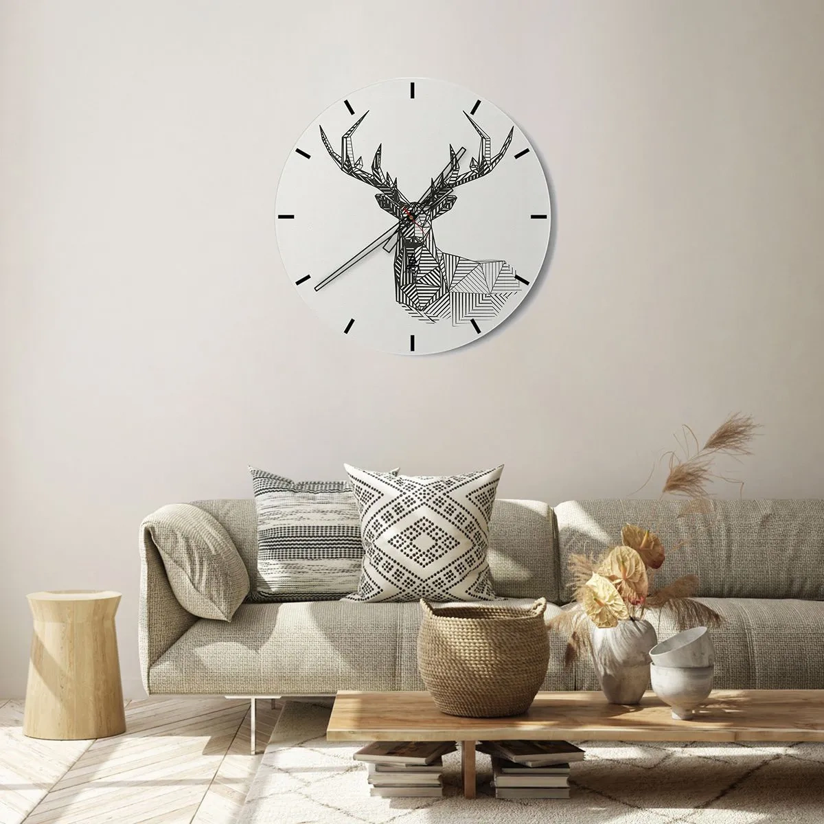 Zegar ścienny - Geometryczny jeleń w stylu linearnym na jasnym tle - 30x30cm - Jeleń w kubistycznym stylu - Nowoczesna dekoracja ścienna do salonu, kuchni i sypialni ARTTOR