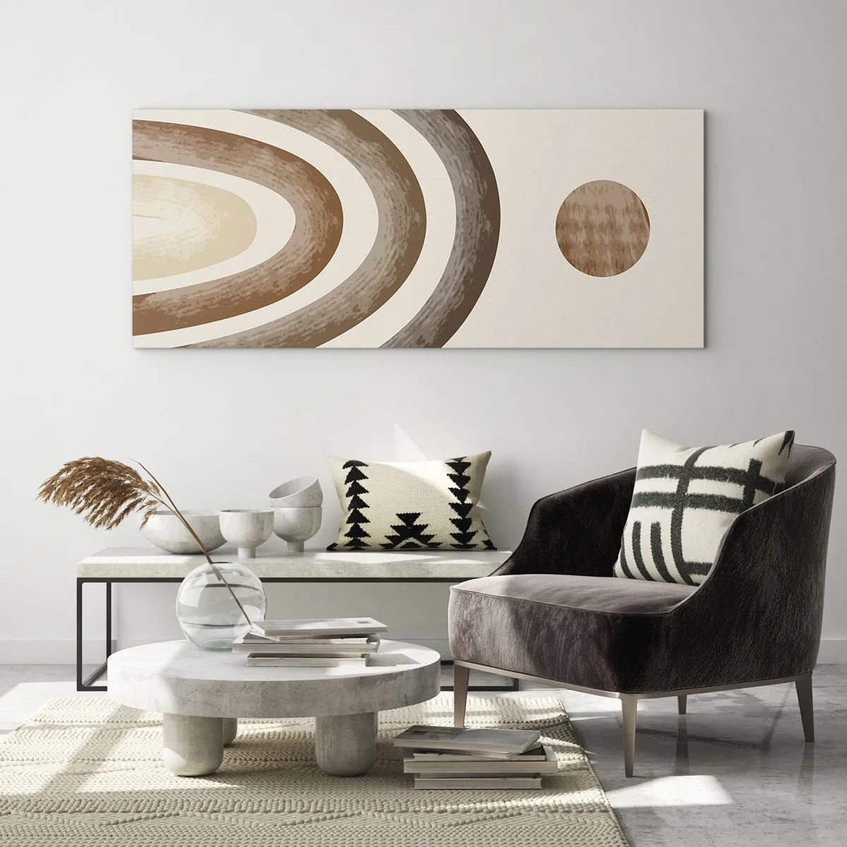 Obraz na szkle - Geometryczny motyw planetarny w odcieniach brązu - 160x50cm - W odległej galaktyce - Nowoczesna dekoracja ścienna do salonu i sypialni ARTTOR