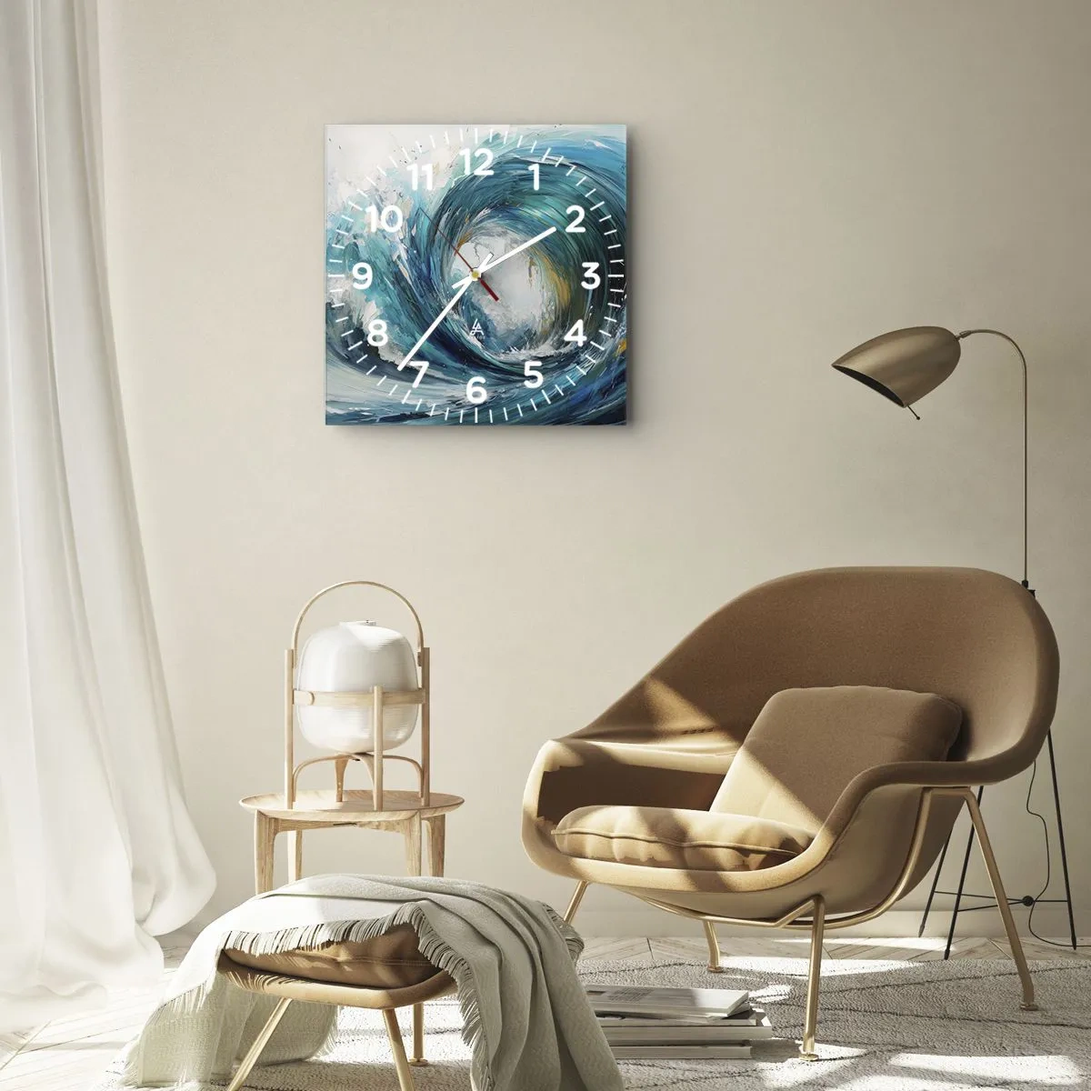 Zegar ścienny - Dynamiczna fala w odcieniach błękitu i turkusu - 30x30cm - Morski portal - Nowoczesna dekoracja ścienna do salonu i sypialni ARTTOR