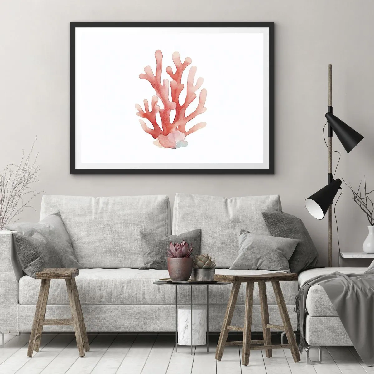 Plakat w czarnej ramie - Subtelna ilustracja korala w pastelowych odcieniach - 100x70cm - Koral koloru koralowego - Nowoczesna dekoracja ścienna do salonu i sypialni ARTTOR