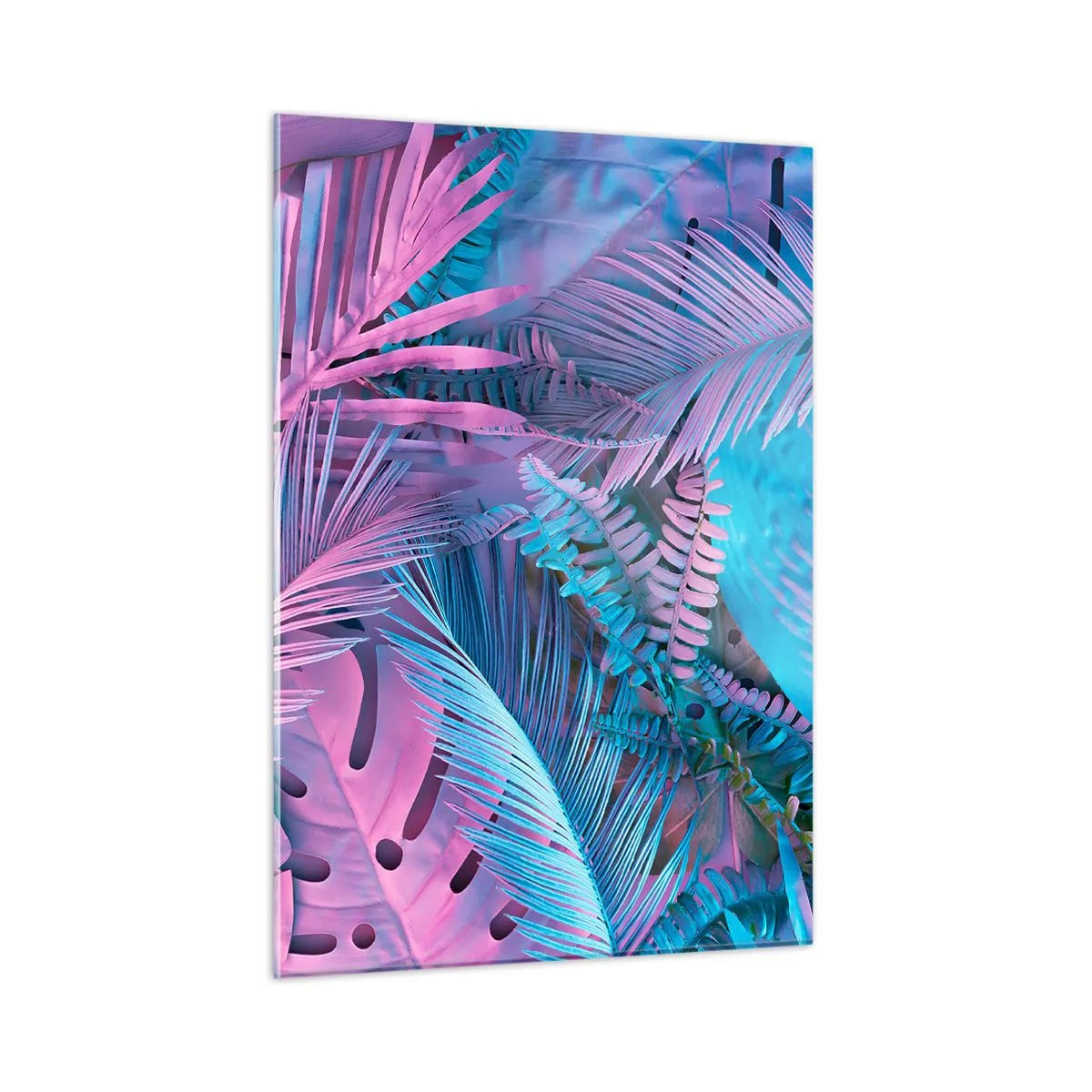 Obraz na szkle - Tropikalne liście w odcieniach różu i błękitu na tle neonowym - 50x70cm - Tropiki w różu i błękicie - Nowoczesna dekoracja ścienna do salonu, kuchni i sypialni ARTTOR