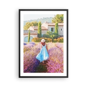 Plakat w czarnej ramie - Kobieta w błękitnej sukni spacerująca po polu lawendy - 50x70cm - Lawendowa dziewczyna - Nowoczesna dekoracja ścienna do salonu i sypialni ARTTOR