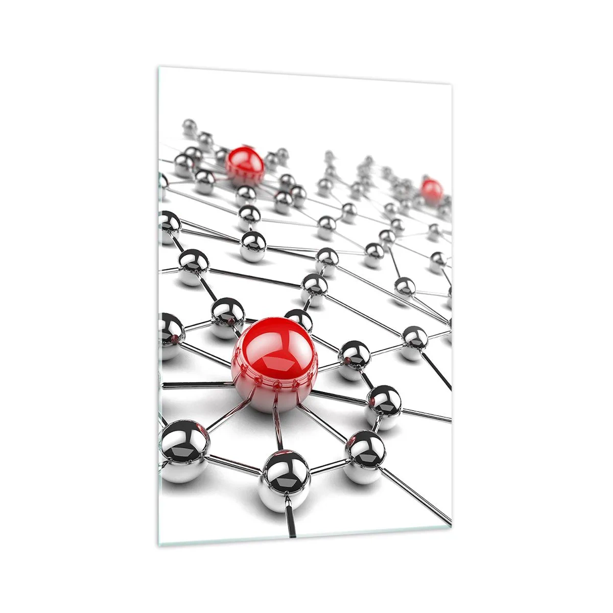 Obraz na szkle - Sieć metalicznych kulek z czerwonymi akcentami - 70x100cm - Srebrzysta sieć - Nowoczesna dekoracja ścienna do salonu i sypialni ARTTOR