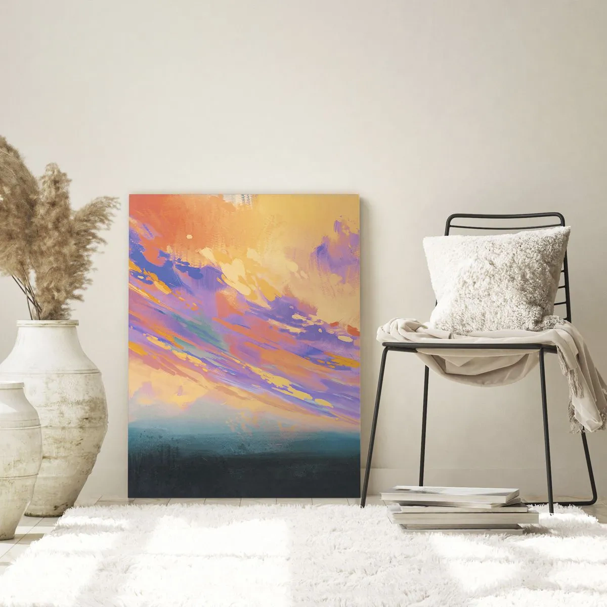 Obraz na szkle - Dynamiczna scena z postaciami na tle kolorowego nieba o zachodzie słońca - 70x100cm - Siła przyciągania - Nowoczesna dekoracja ścienna do salonu i sypialni ARTTOR