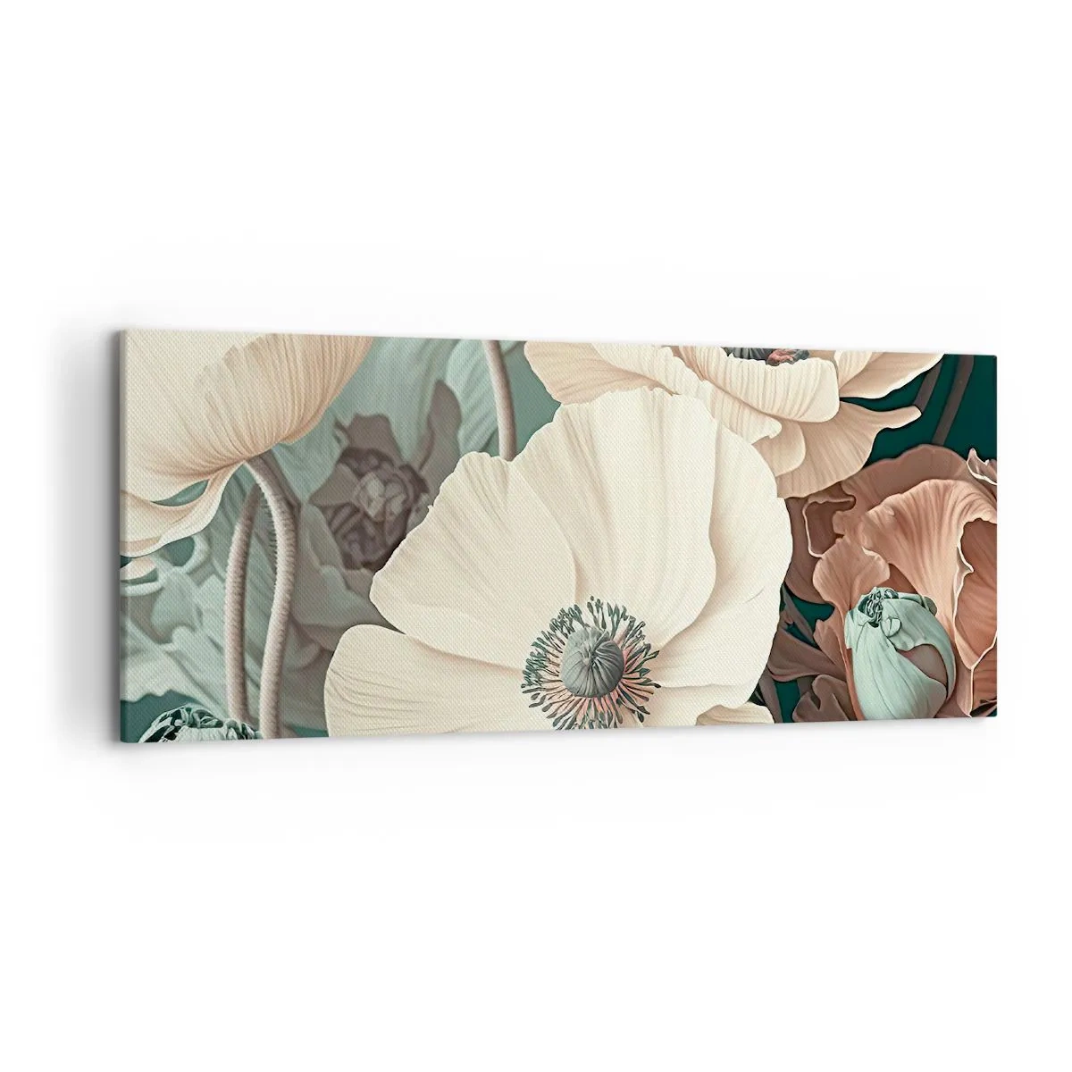 Obraz na płótnie - Eleganckie kwiaty w pastelowych odcieniach na zielonym tle - 120x50cm - Szept maków - Nowoczesna dekoracja ścienna do salonu i sypialni ARTTOR