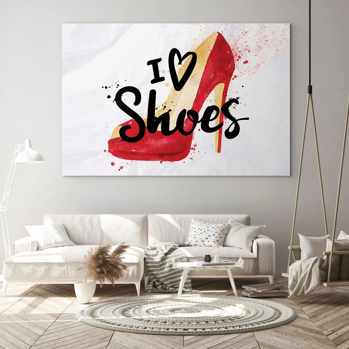 Obraz na szkle - Czerwony szpilka i napis 'I love shoes' na jasnym tle - 70x50cm - Miłość niejedno ma imię - Nowoczesna dekoracja ścienna do salonu i sypialni ARTTOR