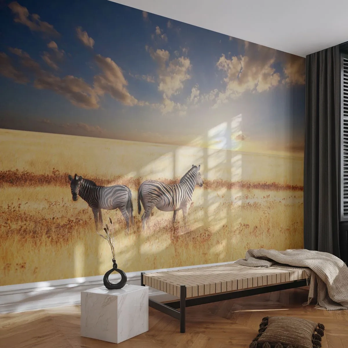 Fototapeta Premium Sand - Dwie zebry na sawannie o zachodzie słońca - 100x70cm - Idź stąd, nie mąć spokoju - Nowoczesna dekoracja ścienna do salonu, kuchni i sypialni ARTTOR