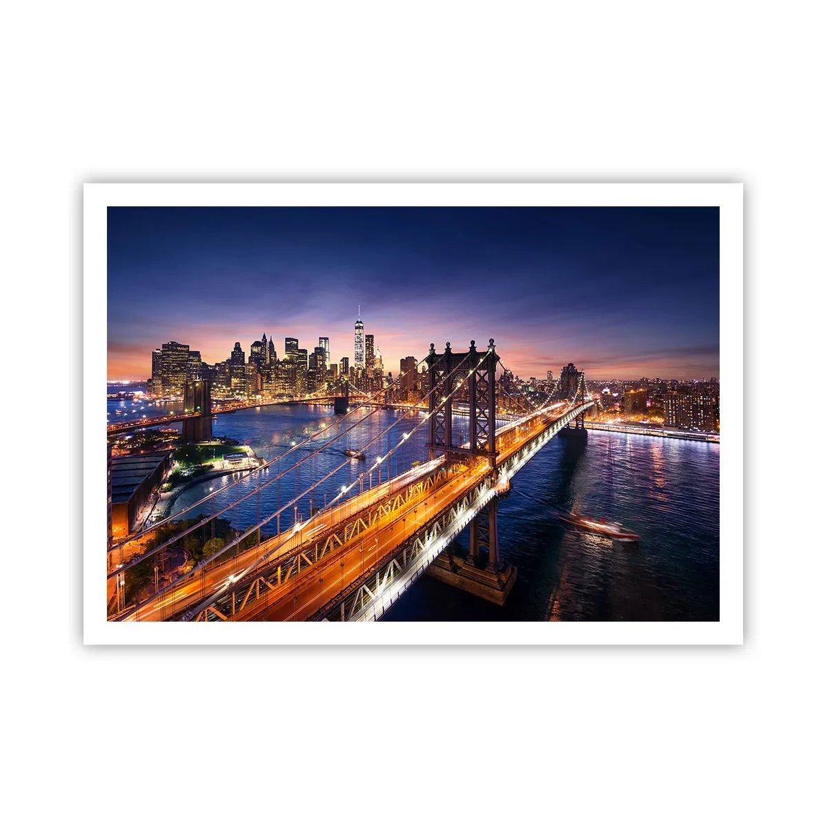 Plakat - Most i panorama miasta o zachodzie słońca - 100x70cm - Świetlistym mostem do serca miasta - Nowoczesna dekoracja ścienna do salonu i sypialni ARTTOR