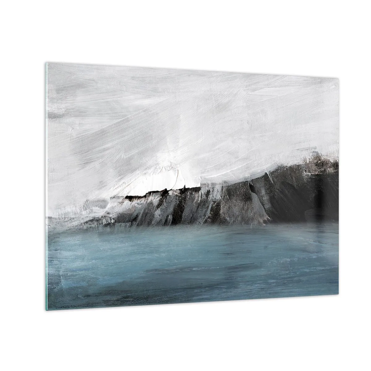 Obraz na szkle - Abstrakcyjna kompozycja w odcieniach błękitu, bieli i czerni - 70x50cm - Woda – ziemia: starcie żywiołów - Nowoczesna dekoracja ścienna do salonu i sypialni ARTTOR