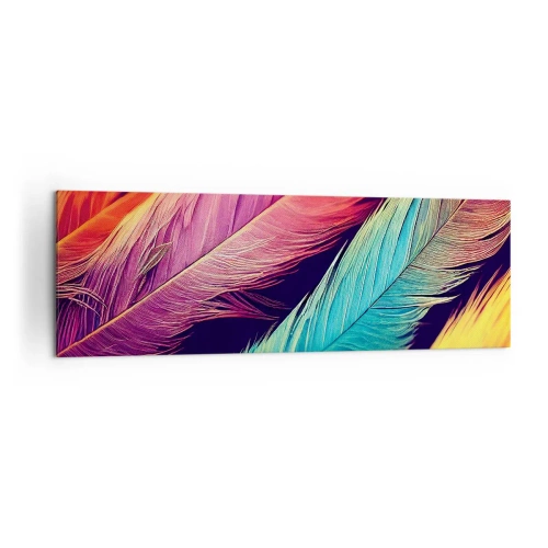 Obraz na płótnie - Kolorowe pióra w intensywnych barwach - 160x50cm - Pierzasta tęcza - Nowoczesna dekoracja ścienna do salonu i sypialni ARTTOR