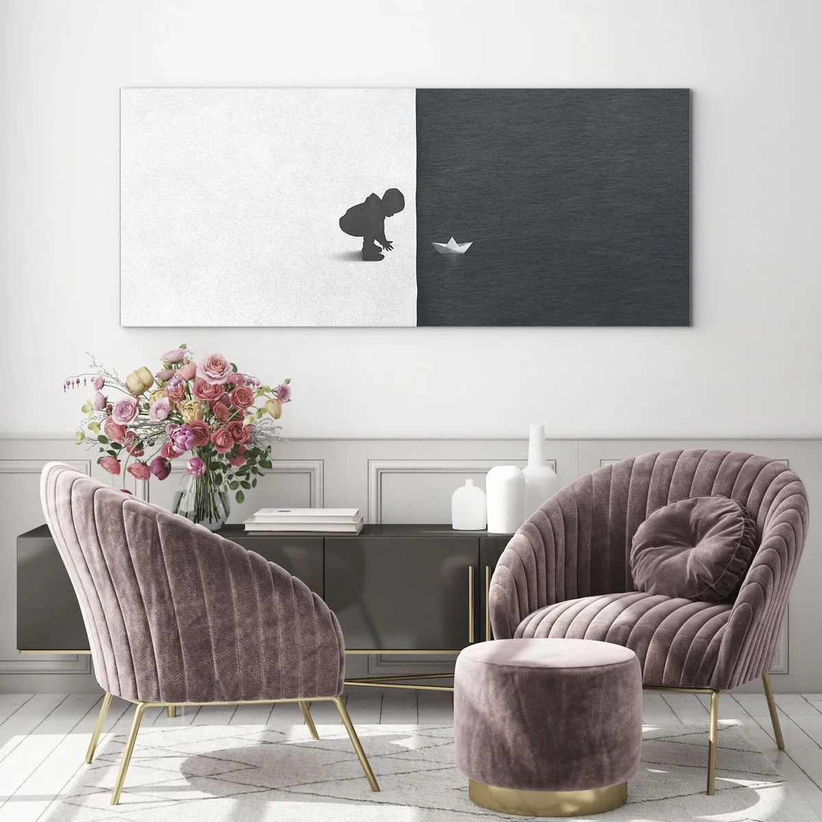 Obraz na szkle - Postać dziecka z papierową łódką na tle kontrastowych połówek - 140x50cm - Wielka wyprawa - Nowoczesna dekoracja ścienna do salonu i sypialni ARTTOR