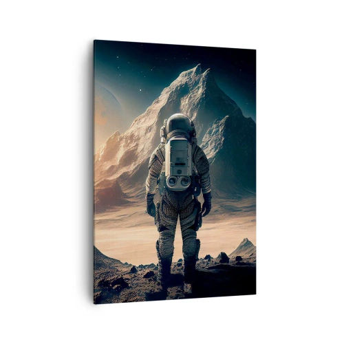 Obraz na płótnie - Astronauta na tle majestatycznych gór - 70x100cm - Nowe wyzwanie - Nowoczesna dekoracja ścienna do salonu i sypialni ARTTOR