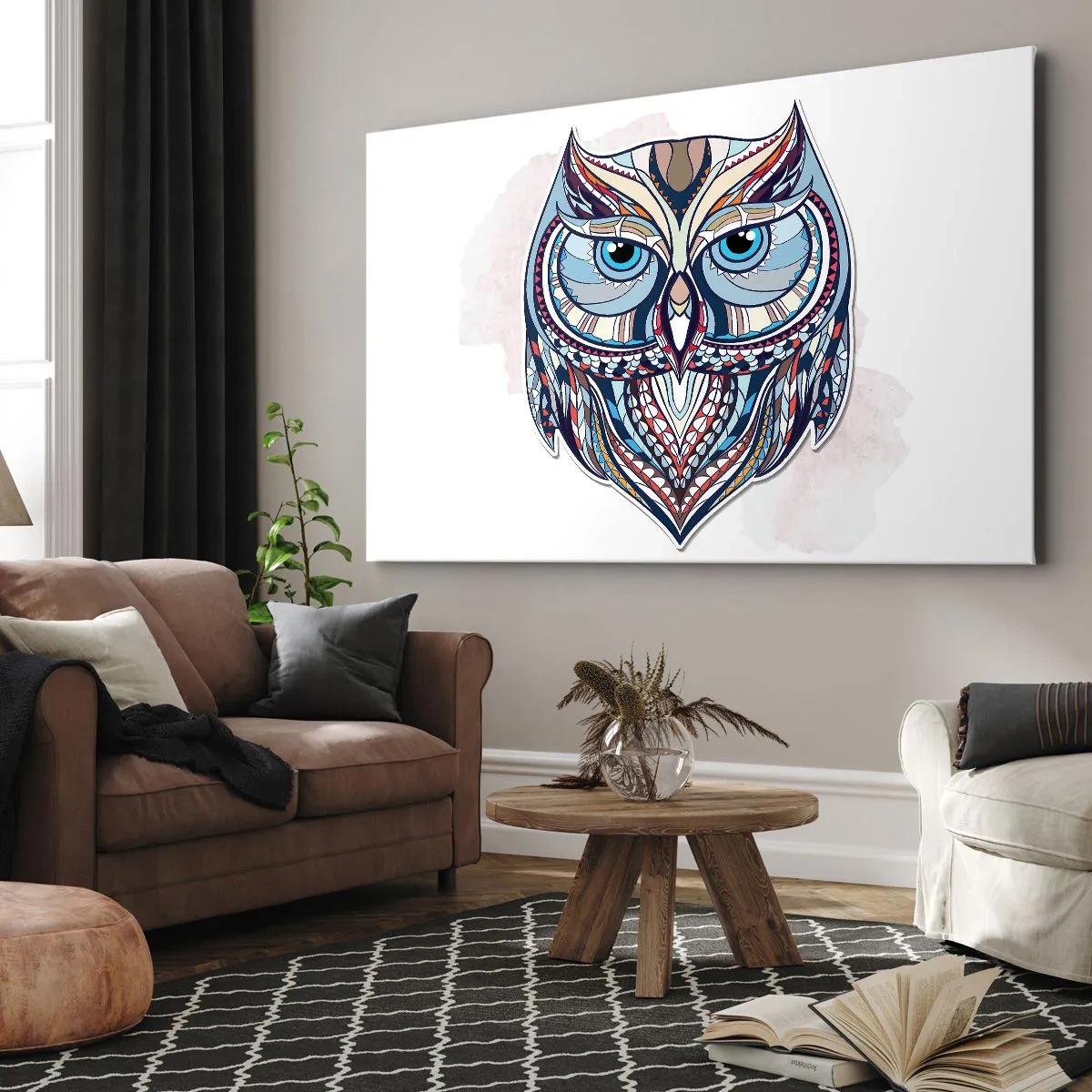 Obraz na płótnie - Geometryczna sowa w odcieniach niebieskiego i beżowego - 70x50cm - Kunsztowna sowa ornamentowa - Nowoczesna dekoracja ścienna do salonu i sypialni ARTTOR
