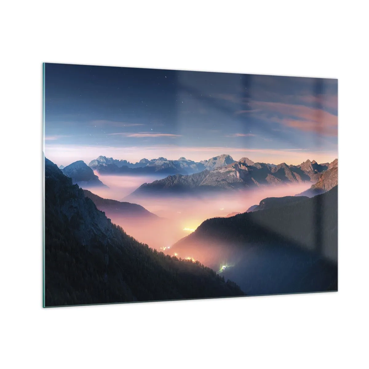 Obraz na szkle - Górski krajobraz o zachodzie słońca z mgłą w dolinie - 100x70cm - Światło w dolinach - Nowoczesna dekoracja ścienna do salonu, kuchni i sypialni ARTTOR