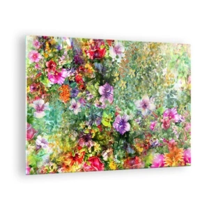 Obraz na szkle - Kolorowe kwiaty w artystycznej kompozycji - 70x50cm - W kwiaty na zatracenie - Nowoczesna dekoracja ścienna do salonu i sypialni ARTTOR