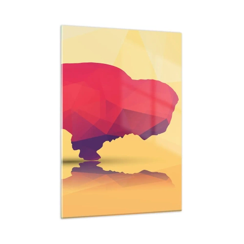Obraz na szkle - Geometryczny bizon w ciepłych barwach - 50x70cm - Amarantowa siła żubra - Nowoczesna dekoracja ścienna do salonu, kuchni i sypialni ARTTOR