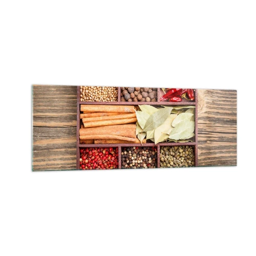 Obraz na szkle - Drewniane pudełko z różnorodnymi przyprawami w przegródkach - 140x50cm - Porządek kształtów, bukiet aromatów - Nowoczesna dekoracja ścienna do salonu i sypialni ARTTOR