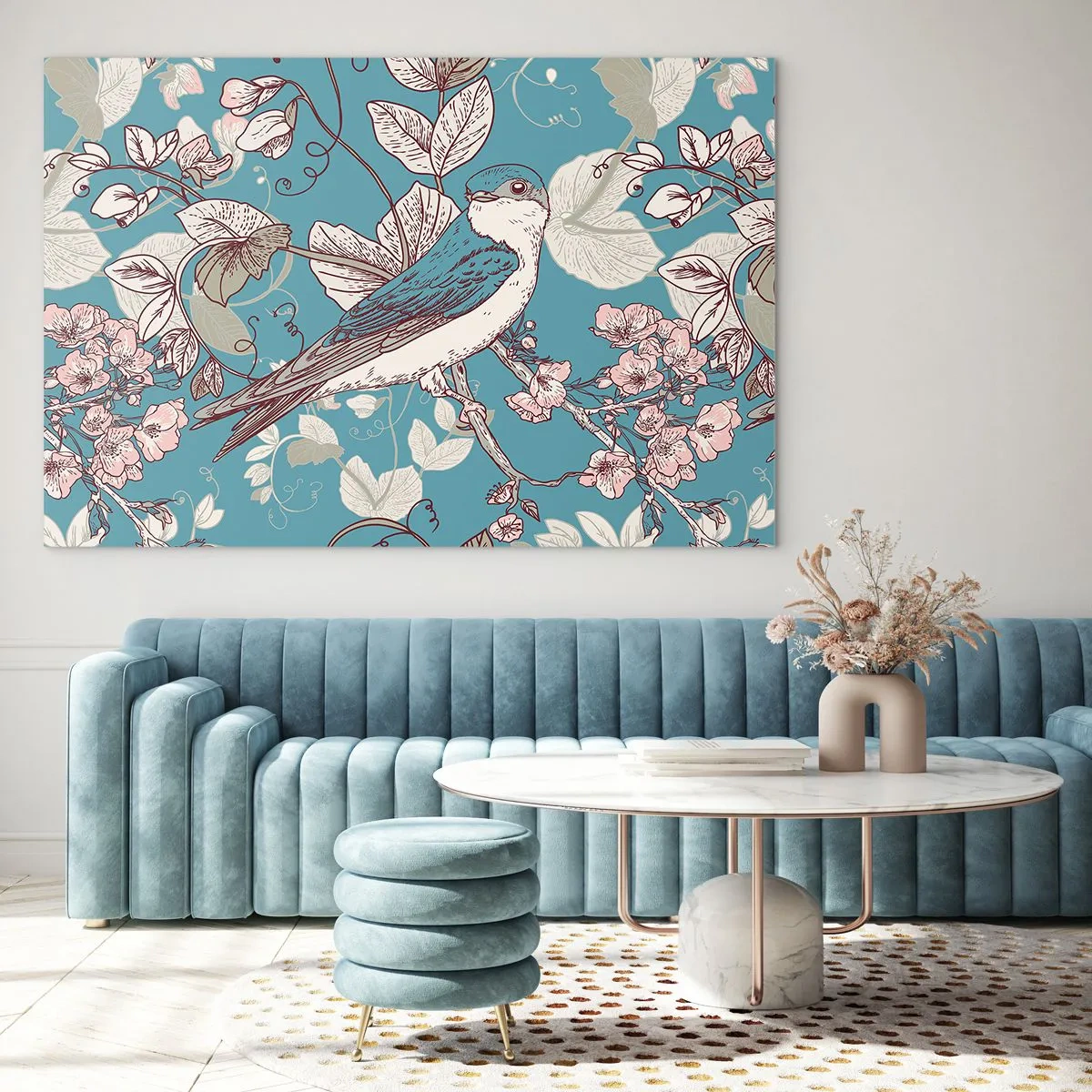 Obraz na szkle - Ptak na gałęzi wśród kwiatów na turkusowym tle - 70x50cm - W białodrzewiu ćwirnie i srebliście - Nowoczesna dekoracja ścienna do salonu i sypialni ARTTOR