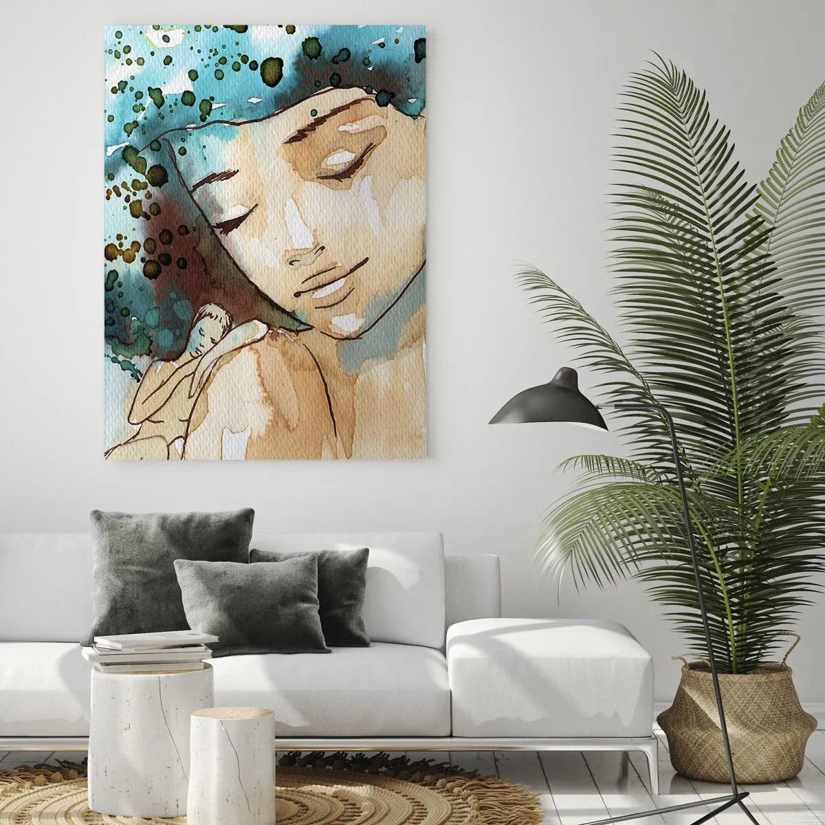 Obraz na szkle - Portret kobiety w akwarelowym stylu z zamkniętymi oczami - 50x70cm - Lady in blue - Nowoczesna dekoracja ścienna do salonu, kuchni i sypialni ARTTOR