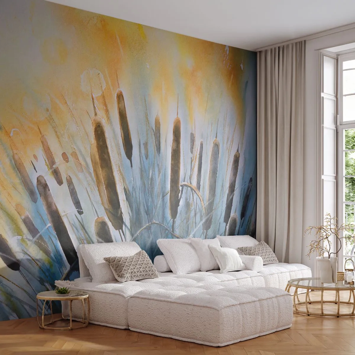 Fototapeta Premium Sand - Akwarelowe pałki wodne na tle słonecznego nieba - 100x70cm - Chłód wody, słońca żar - Nowoczesna dekoracja ścienna do salonu, kuchni i sypialni ARTTOR