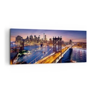 Obraz na płótnie - Most i panorama miasta o zachodzie słońca - 120x50cm - Świetlistym mostem do serca miasta - Nowoczesna dekoracja ścienna do salonu i sypialni ARTTOR