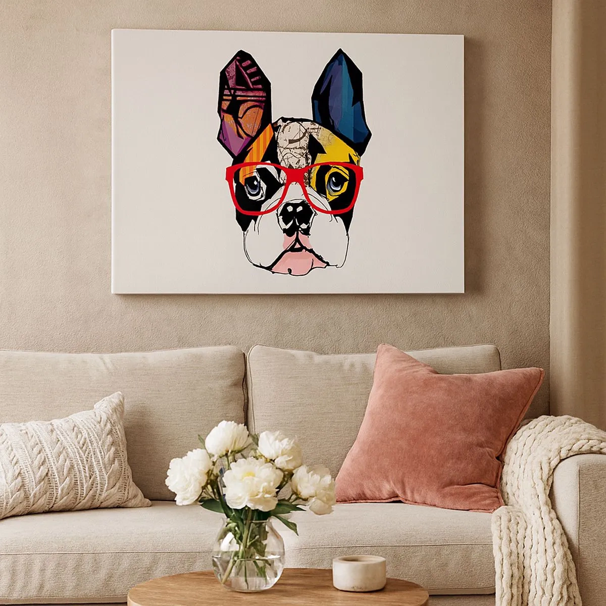 Obraz na płótnie - Bulldog w kolorowej ilustracji z czerwonymi okularami - 70x50cm - Intelektualista - Nowoczesna dekoracja ścienna do salonu i sypialni ARTTOR