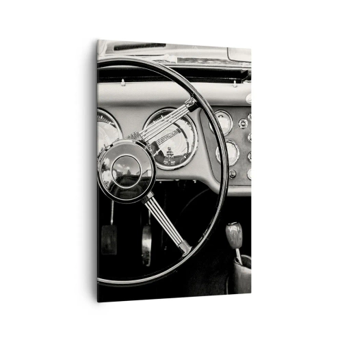 Obraz na płótnie - Czarno-białe wnętrze klasycznego samochodu - 80x120cm - Marzenie kolekcjonera - Nowoczesna dekoracja ścienna do salonu i sypialni ARTTOR